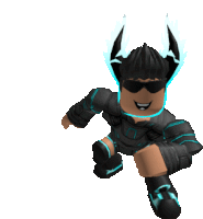 a roblox character wearing sunglasses and horns is running