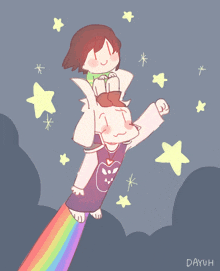 a drawing of a girl riding on the shoulders of a goat with a rainbow in the background