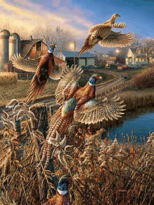 a painting of a herd of pheasants flying over a field .