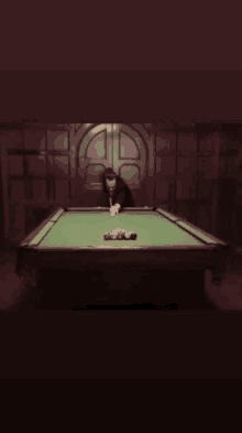 a man in a suit is playing pool on a green table