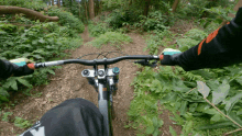 a person riding a bike on a trail in the woods with a glove that says ' fox ' on it