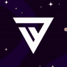 a white triangle with the letter v on it is surrounded by stars and planets in a space background .