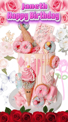 a cake with ice cream cones and donuts and the name janeth on it