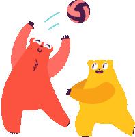 two bears are playing with a volleyball with the letter s on the ball