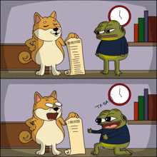 a cartoon of a dog and a frog holding a list that says " ta-da " at the bottom