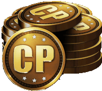 a stack of gold coins with cp on them