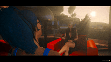 a screenshot of a video game shows two women sitting on a red couch