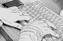 a person is typing on a keyboard in a black and white drawing .