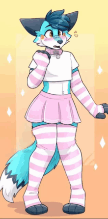 a furry character is wearing striped socks and a pink and white skirt .