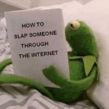 a stuffed kermit the frog is holding a sign that says `` how to slap someone through the internet '' .