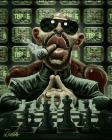 a cartoon drawing of a man smoking a cigar and playing chess