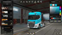 a blue daf truck is sitting in a garage