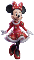 minnie mouse is wearing a red dress with snowflakes on it