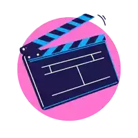 a clapper board is shown on a pink circle