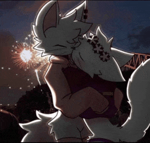 a drawing of two animals hugging each other in front of fireworks