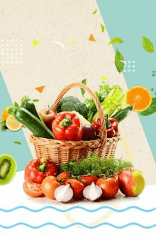 a basket filled with vegetables and fruits on a table .