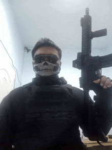 a man wearing a skull mask and goggles is holding a rifle .