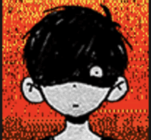 a pixel art drawing of a boy with black hair and white eyes