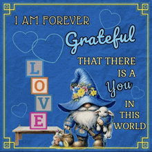 a picture of a gnome with the words " i am forever grateful that there is a you in this world " on it