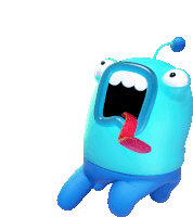 a blue cartoon character with its tongue sticking out