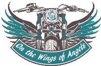 a logo for on the wings of angels features a motorcycle with wings