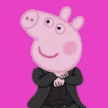 a cartoon pig wearing a black jacket and black pants is standing on a pink background .