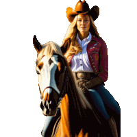 a woman in a cowboy hat rides a brown horse