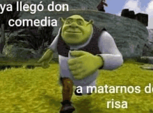 shrek is running in a field with the words `` ya llego don comedia a matarnos de risa '' .