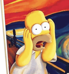 homer simpson is holding his head in front of a painting of a scream .