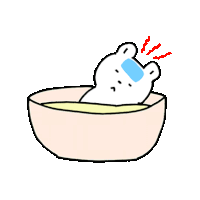 a cartoon of a bear laying in a bowl of soup with a bandage on his head .