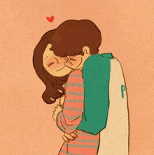 a cartoon of a man and woman hugging with the letter p on the back of the man 's jacket