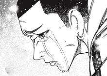 a black and white drawing of a man with tears coming out of his eyes