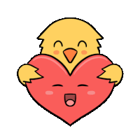 a cartoon chicken is holding a red heart with its beak