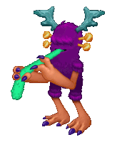 a purple monster with antlers playing a green flute