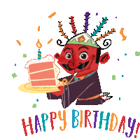 a cartoon character holding a slice of cake with the words happy birthday written below him