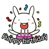 a cartoon of a rabbit holding a birthday cake with the words happy birthday written below it