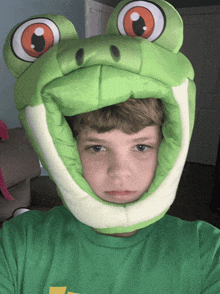 a young boy wears a green frog hat