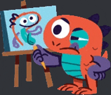 a cartoon character is painting a picture on an easel .