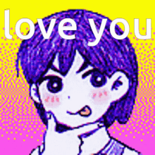 a pixel art of a girl with purple hair and the words " love you " above her