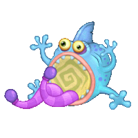 a blue and purple cartoon monster with a worm in its mouth