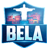 a logo for bela cidade with a statue of jesus in the background