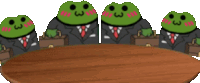 four frogs in suits and ties are sitting around a wooden table