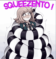 a cartoon of a girl being squeezed by a black and white snake