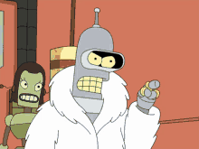 bender from futurama is wearing a white fur coat and pointing