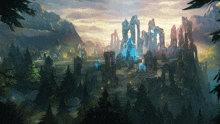 a painting of a city in the middle of a forest with mountains in the background