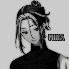 a black and white drawing of a girl with mina written on the bottom