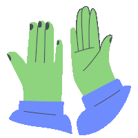 a pair of green hands with black nails and blue sleeves