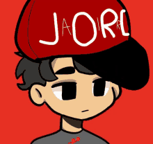 a drawing of a boy wearing a red hat that says jaore