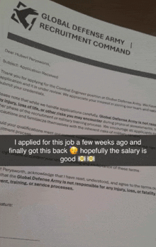 a global defense army recruitment command letter with a snapchat icon