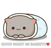 a cartoon cat wrapped in a blanket with the words `` good night mi baerito '' written on it .